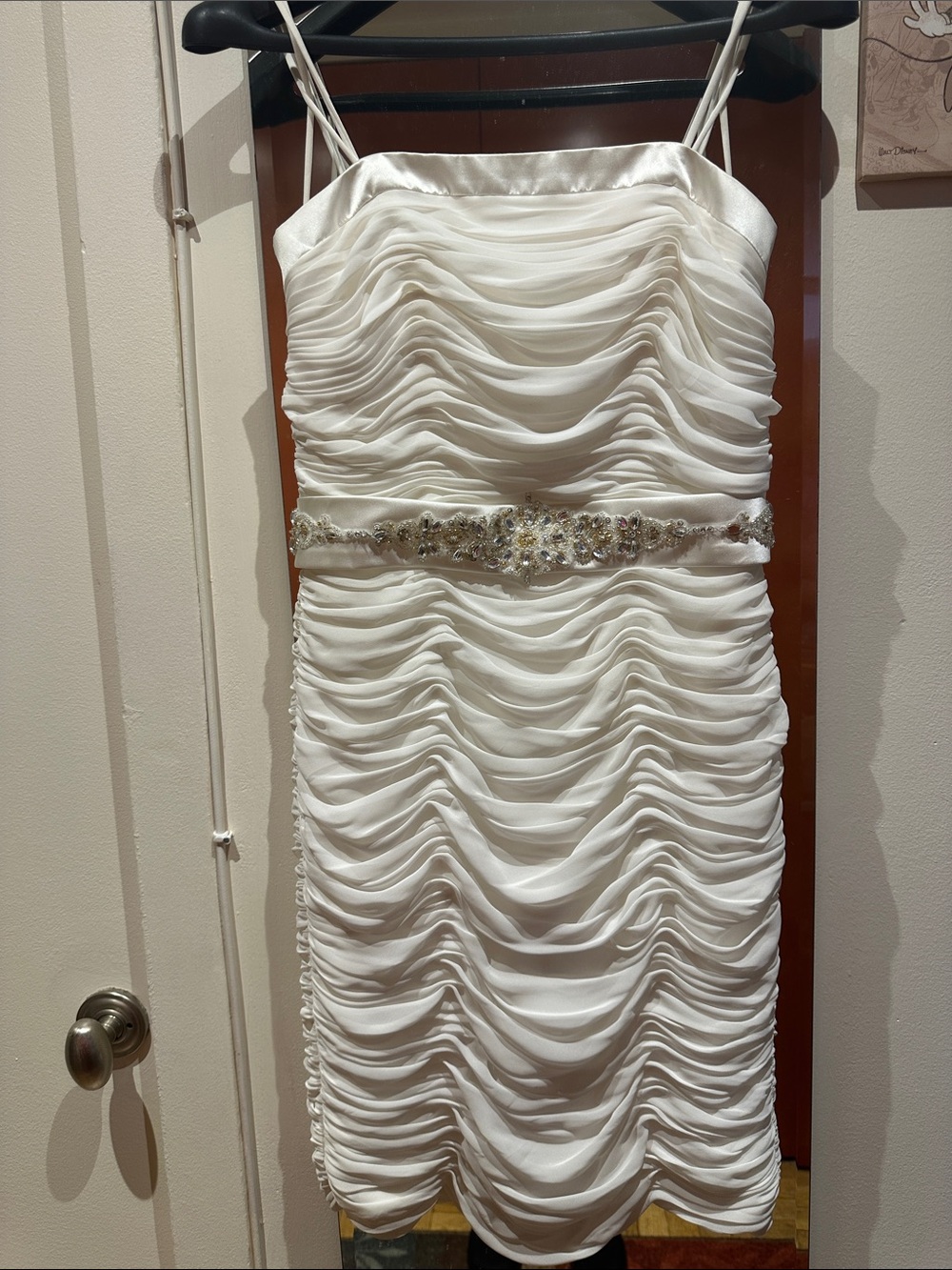 Faviana Ivory Ruched Spaghetti-Strap Mini Dress with Beaded Waistband